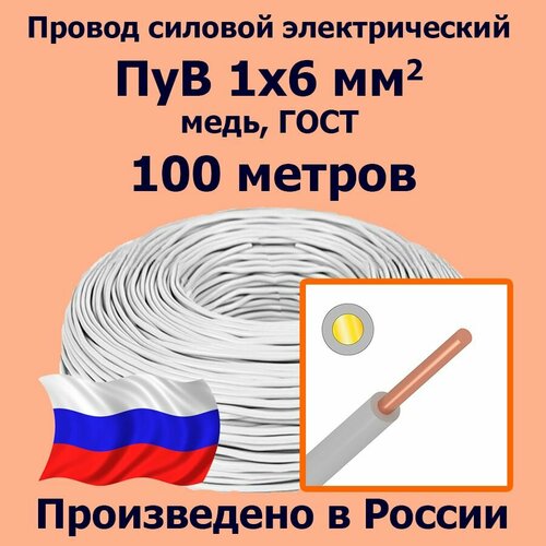 Провод силовой электрический ПуВ 1х6 мм2, белый, медь, ГОСТ, 100 метров ...