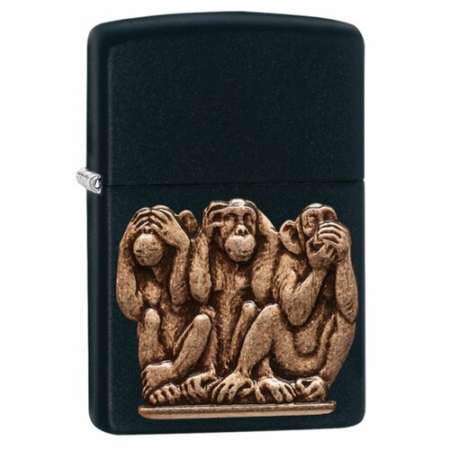 Оригинальная бензиновая зажигалка ZIPPO 29409 Three Monkeys с покрытием Black Matte - Три Обезьяны фото