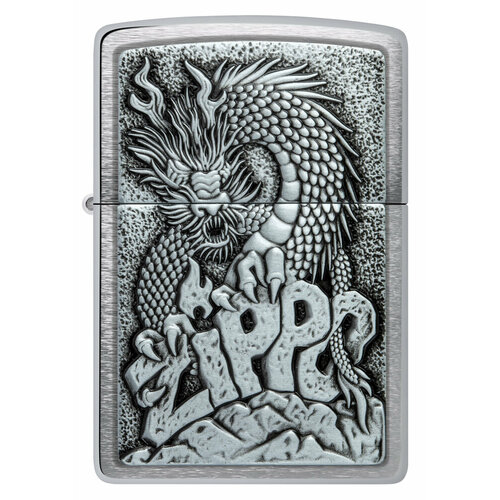 Оригинальная бензиновая зажигалка ZIPPO Classic 48902 с покрытием Brushed Chrome - Свирепый дракон фото