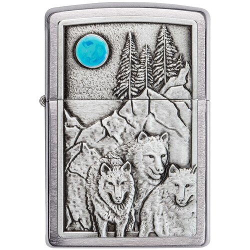 Оригинальная бензиновая зажигалка ZIPPO Classic 49295 Wolf Design с покрытием Brushed Chrome - Волчья стая и Луна фото